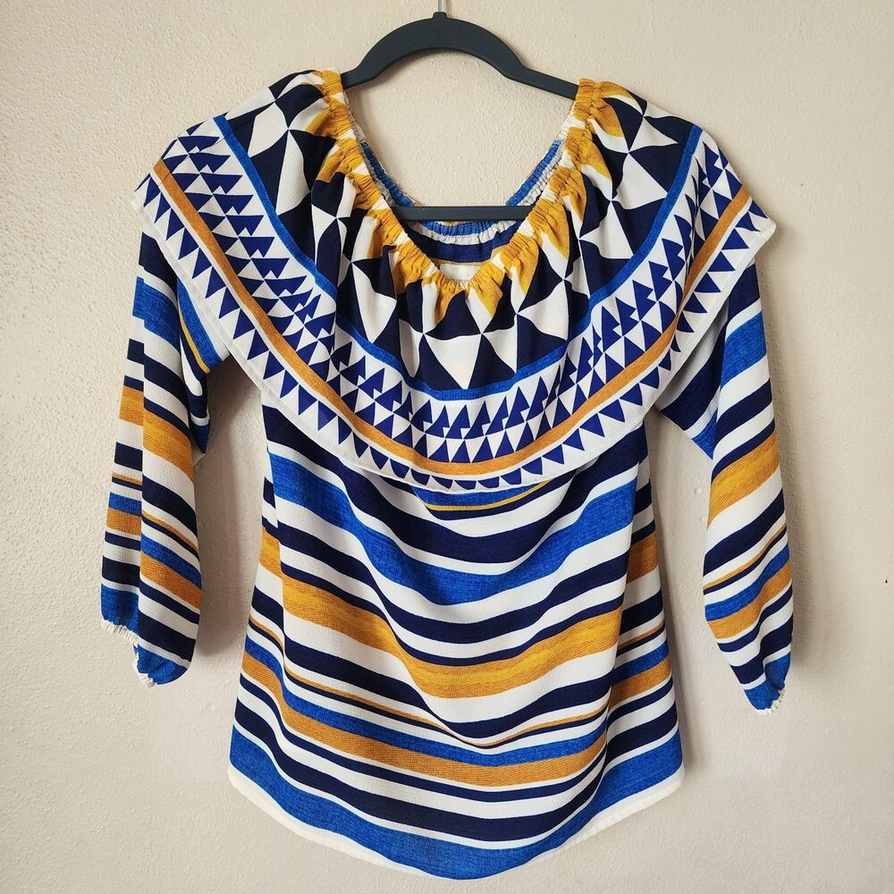 Chico's Womens Multicolored Off Shoulder Geometric Summer Boho Blouse Size 0